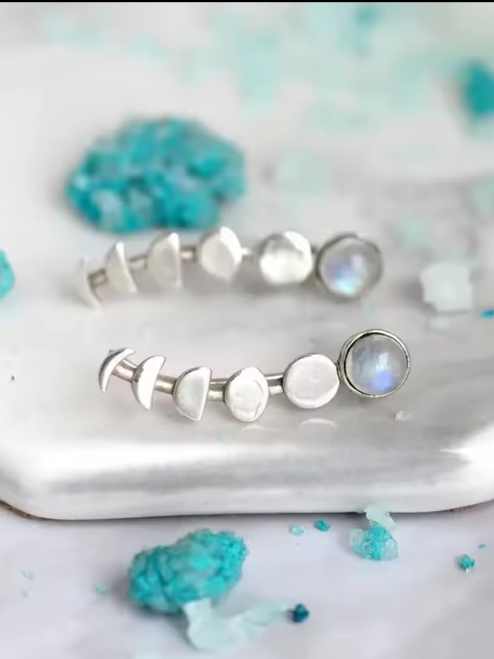 Opal Unique Moon Phase Climber Space Galaxy Planet Star Science Silver Earrings - Picture 2 of 4